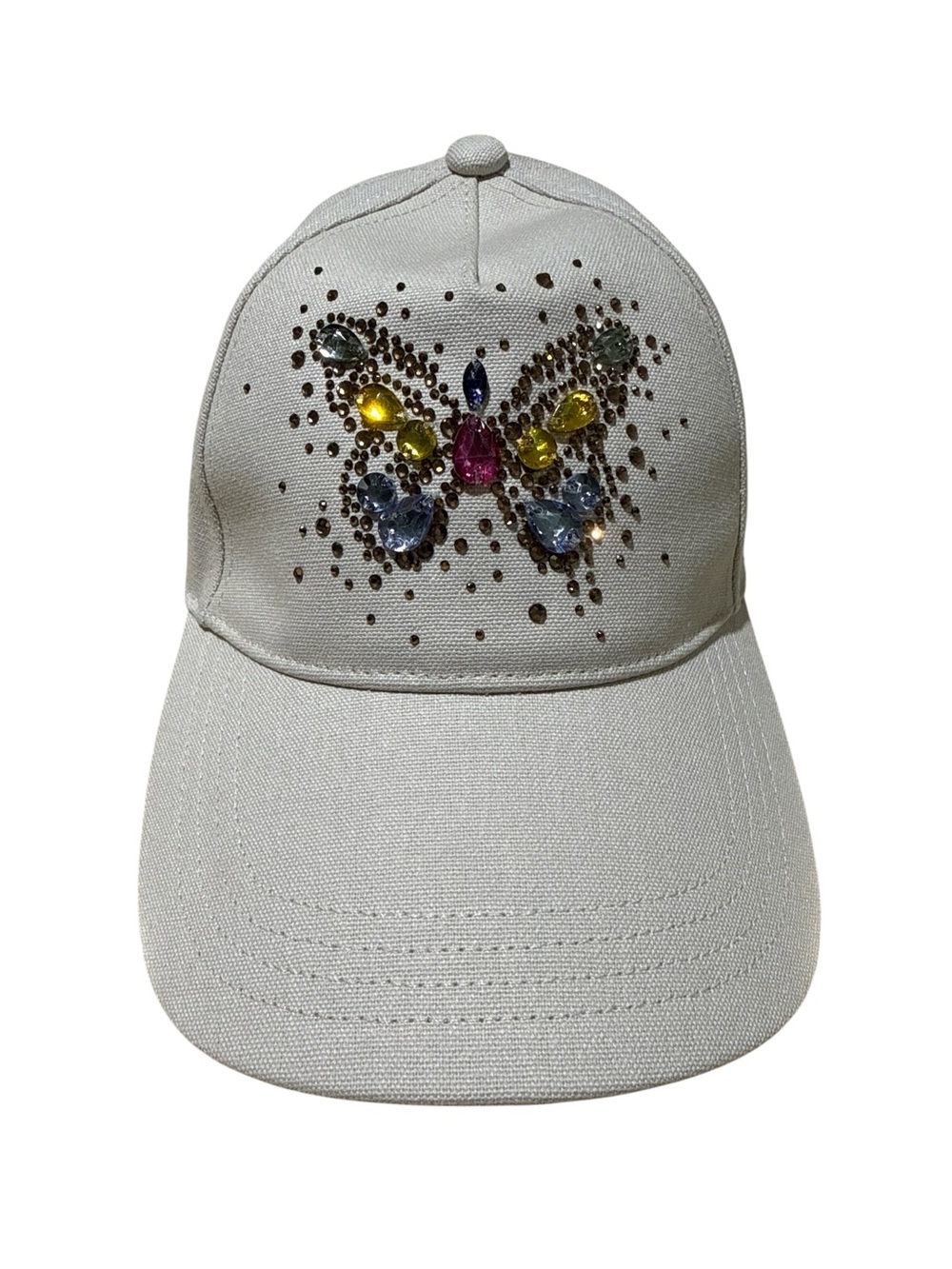Kurt Geiger Beige Baseball Cap with Jeweled Butterfly
